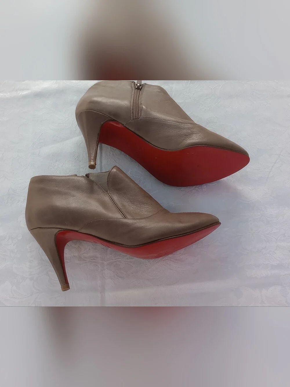 Paruolo- Made In Argentina- Taupe Leather Pointed Ankle Booties with Red Sole